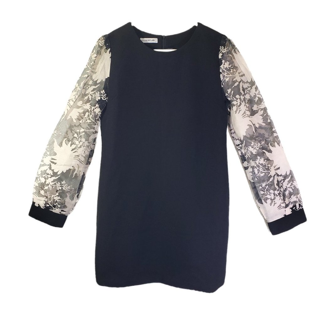 New SECRETLABEL, WHITE-FOX Large Black and White Floral Shift Sheer Sleeve Dress